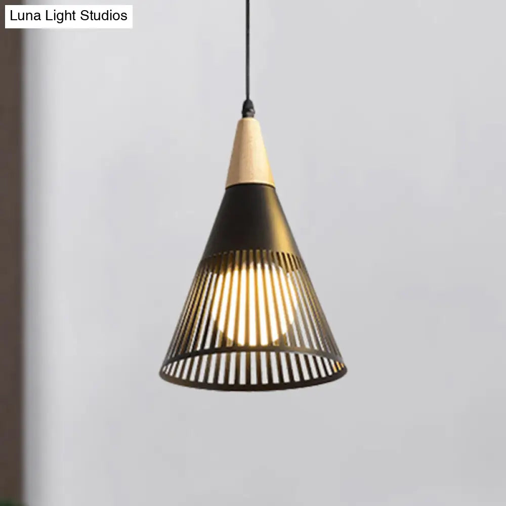 Contemporary Metallic Cone Ceiling Light With Cage Shade - 1-Light Pendant For Bedroom In