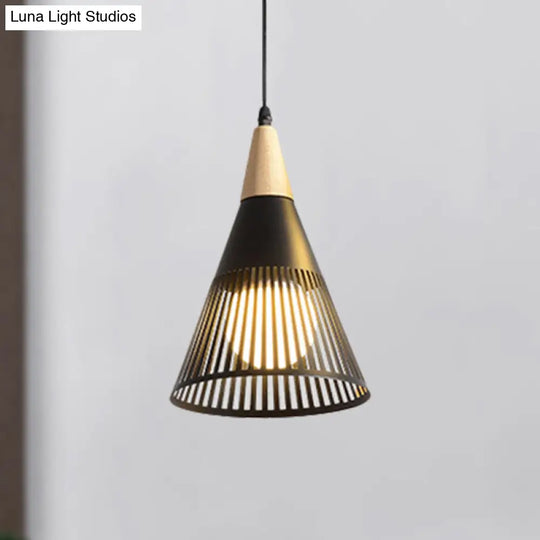 Contemporary Metallic Cone Ceiling Light With Cage Shade - 1-Light Pendant For Bedroom In