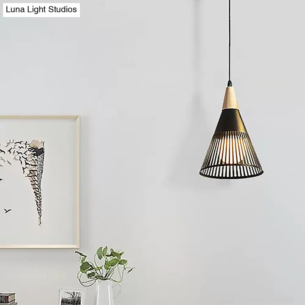 Metallic Cone Ceiling Light: Contemporary 1-Light Pendant In Black/Gold/White With Cage Shade