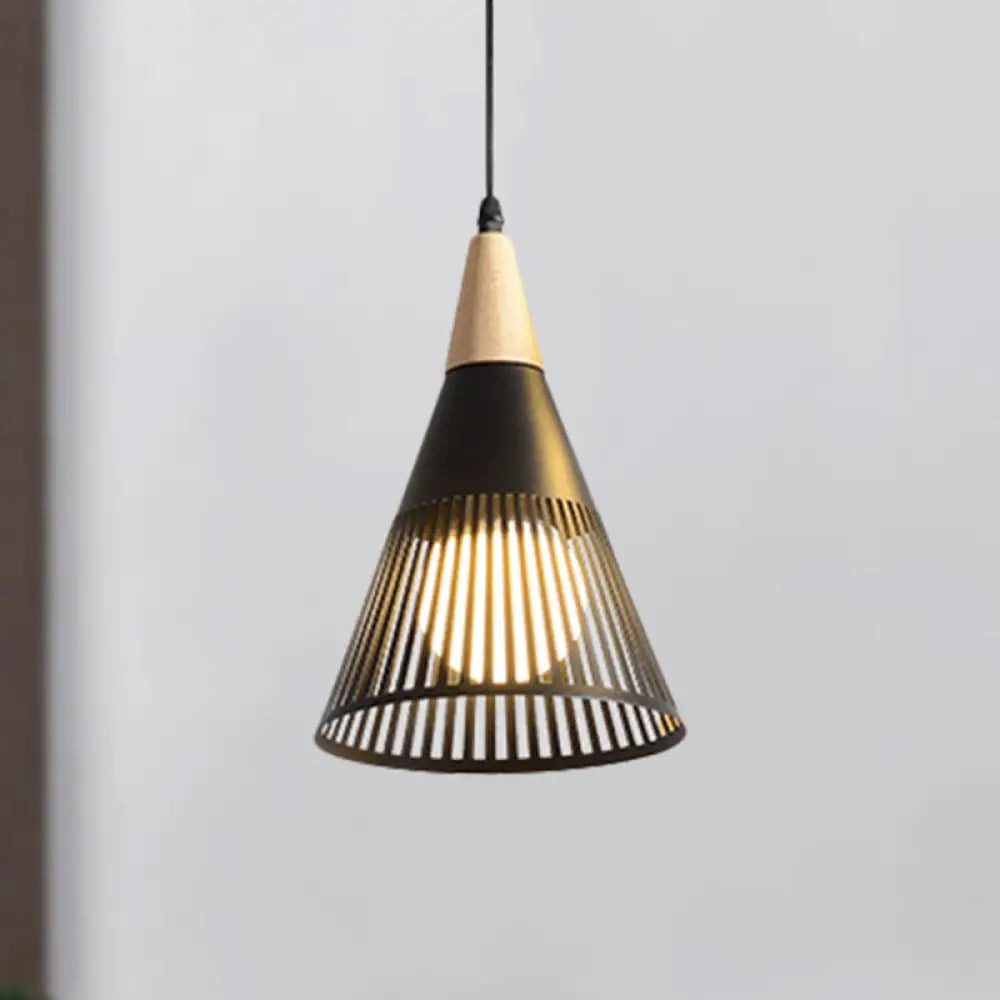 Metallic Cone Ceiling Light: Contemporary 1-Light Pendant In Black/Gold/White With Cage Shade Black