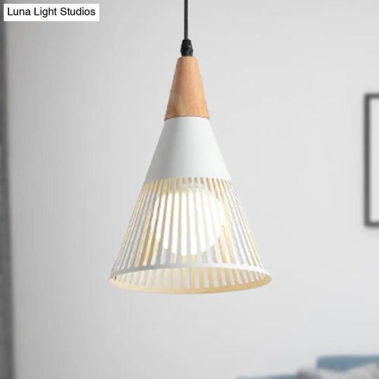 Contemporary Metallic Cone Ceiling Light With Cage Shade - 1-Light Pendant For Bedroom In