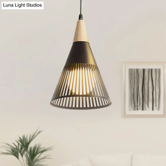 Contemporary Metallic Cone Ceiling Light With Cage Shade - 1-Light Pendant For Bedroom In