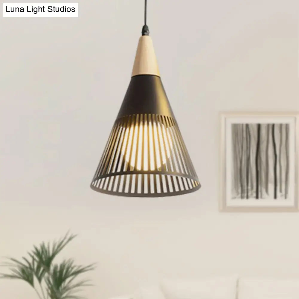 Metallic Cone Ceiling Light: Contemporary 1-Light Pendant In Black/Gold/White With Cage Shade