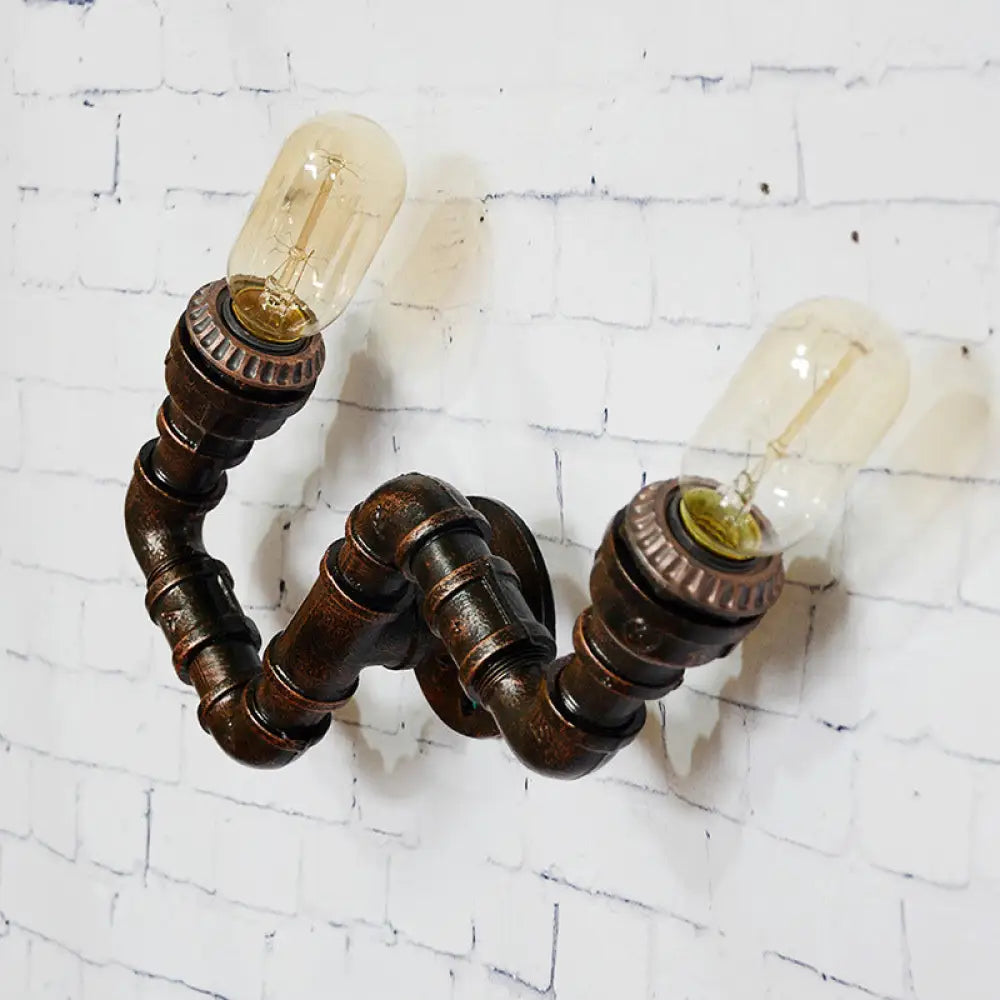 Metallic Curved Arm Sconce Lighting Fixture: 2-Head Industrial Hallway Wall Lamp In Rust