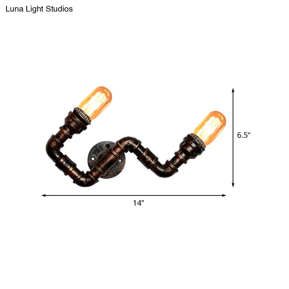 Metallic Curved Arm Sconce Lighting Fixture: 2-Head Industrial Hallway Wall Lamp In Rust