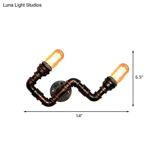 Metallic Curved Arm Sconce Lighting Fixture: 2-Head Industrial Hallway Wall Lamp In Rust