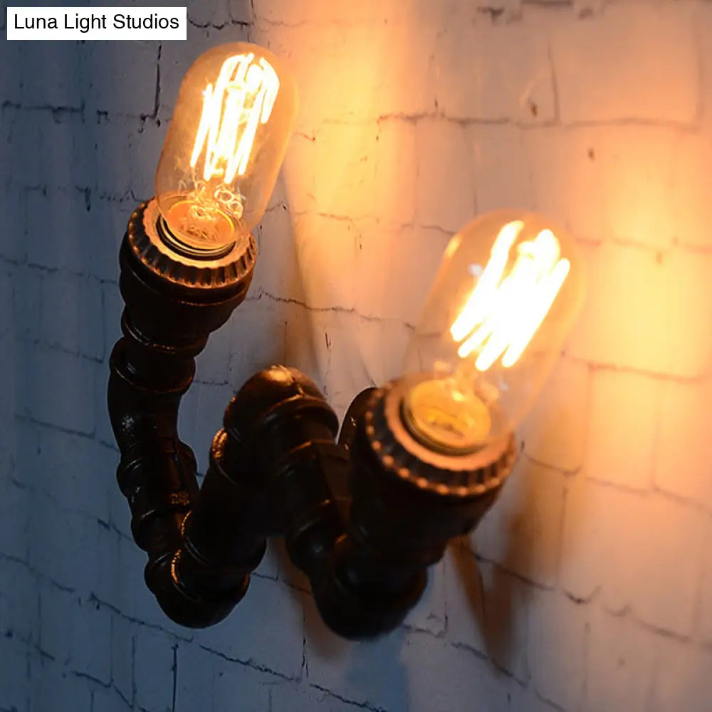 Metallic Curved Arm Sconce Lighting Fixture: 2-Head Industrial Hallway Wall Lamp In Rust