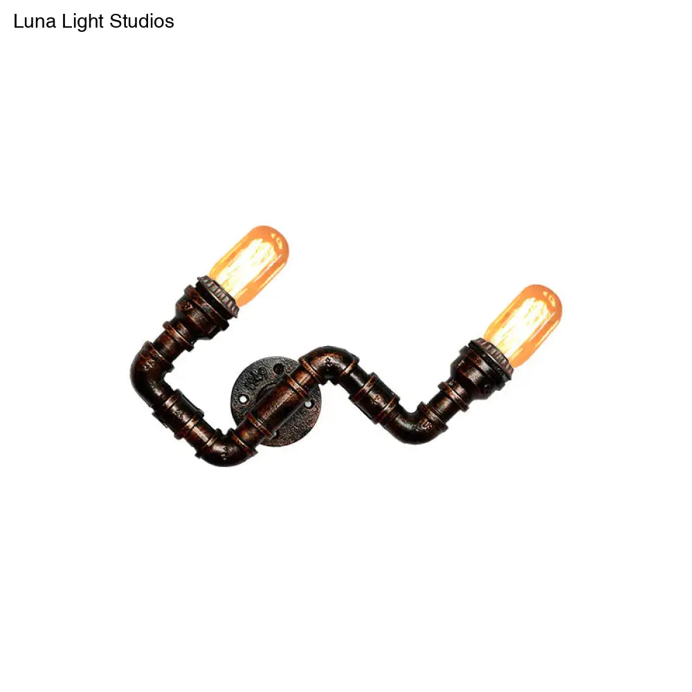 Metallic Curved Arm Sconce Lighting Fixture: 2-Head Industrial Hallway Wall Lamp In Rust