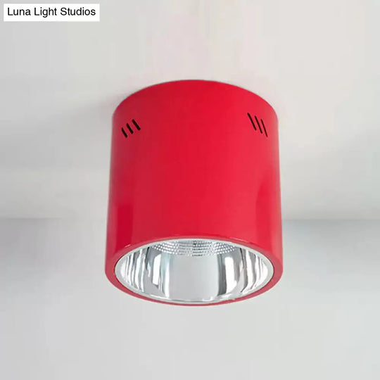 Metallic Cylinder Ceiling Mount Shop Light With Commercial Grade Cloth Shade Red