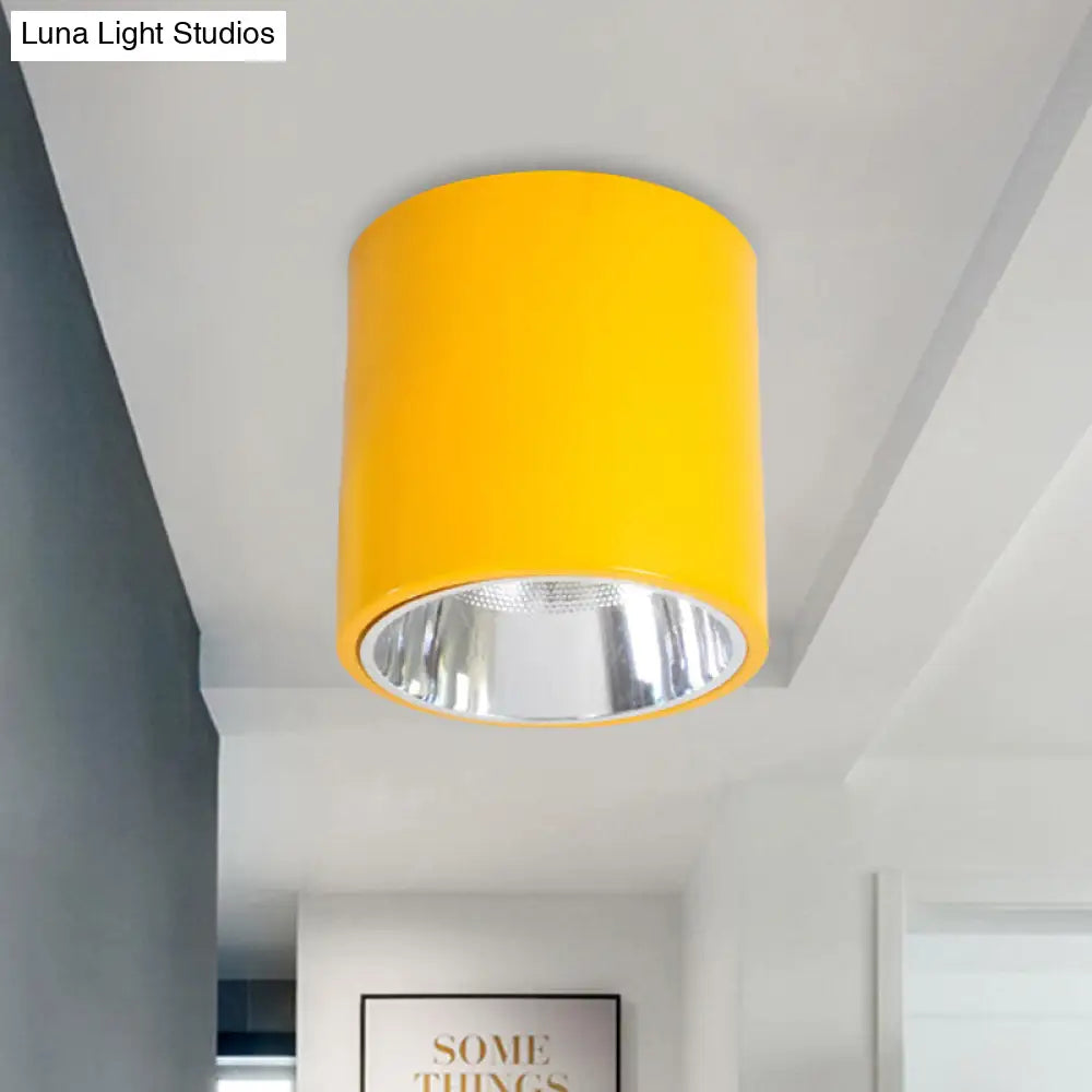 Metallic Cylinder Ceiling Mount Shop Light With Commercial Grade Cloth Shade Yellow