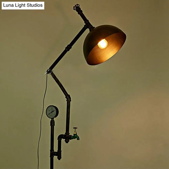 Metallic Dome Shade Floor Lamp With Gauge Decoration - Stylish Industrial 1-Light Black Light For