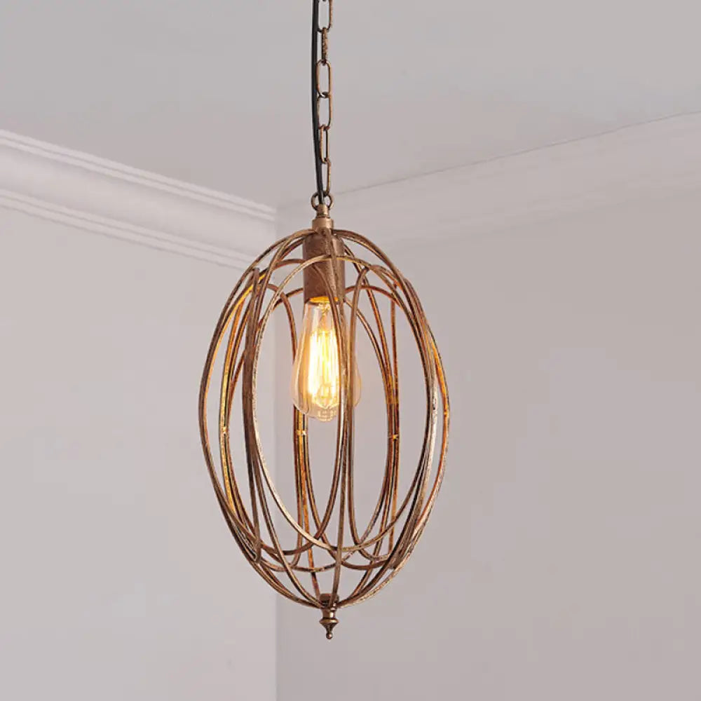 Metallic Drop Pendant Lamp Kit - Factory Gold Finish Oval Cage Design For Dining Room Hanging