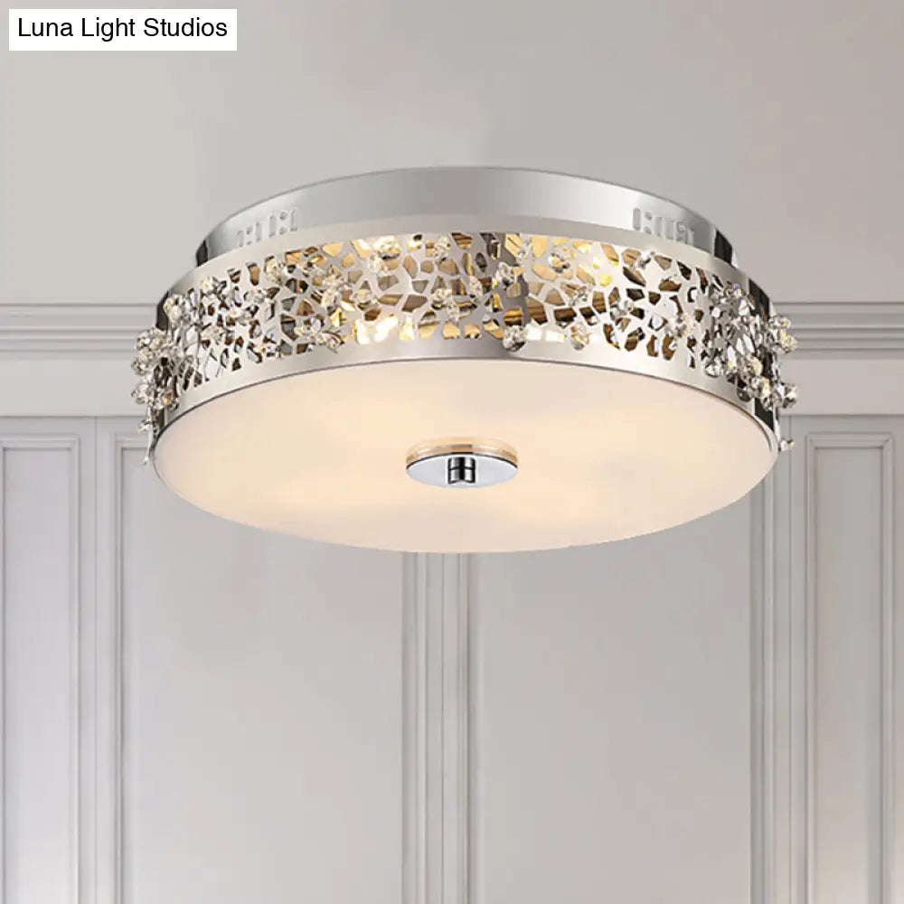 Metallic Drum Flush Lamp With Crystal Accents - 4 - Light Contemporary Ceiling Mount
