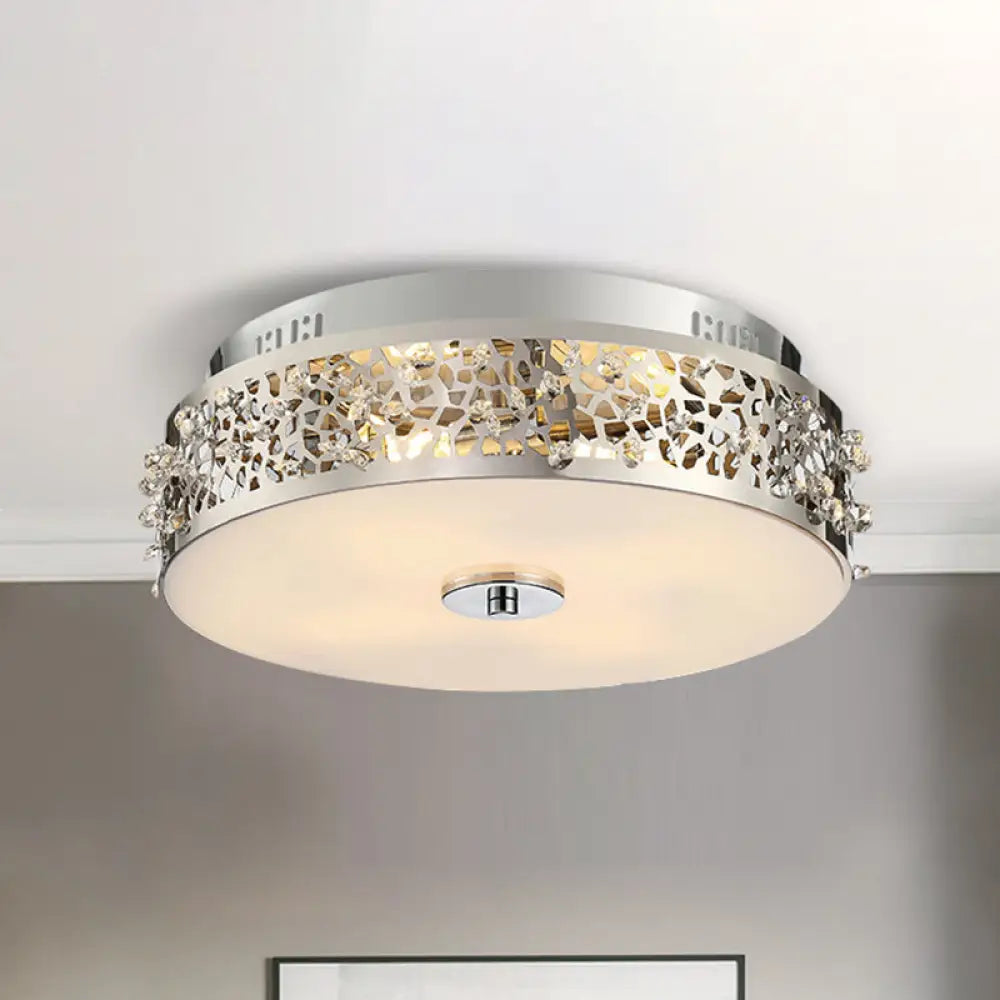 Metallic Drum Flush Lamp With Crystal Accents - 4 - Light Contemporary Ceiling Mount Chrome