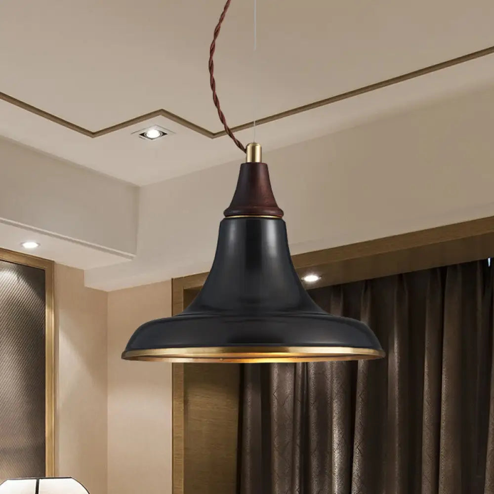 Metallic Farmhouse Suspension Pendant Lamp - Black Finish With Flare For Restaurant Lighting