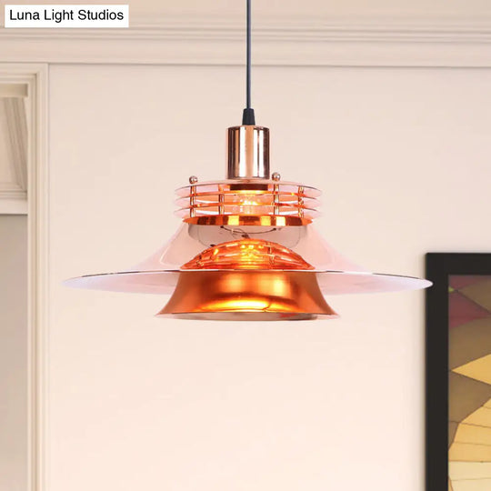 Industrial Metallic Pendant Lamp For Dining Room - 1 Light Flared Design Rose Gold