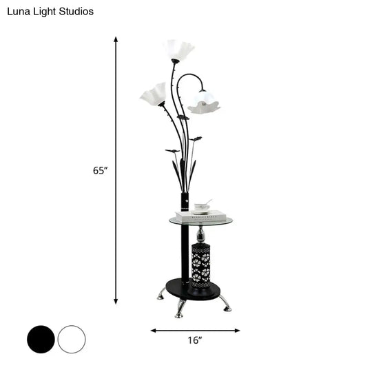 Metallic Floor Lamp: 3-Light Countryside Tree Design Black/White Guest Room Standing Up Floral Shade