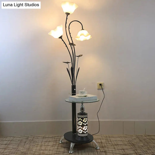 Metallic Floor Lamp: 3-Light Countryside Tree Design Black/White Guest Room Standing Up Floral Shade