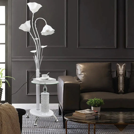 Metallic Floor Lamp: 3-Light Countryside Tree Design Black/White Guest Room Standing Up Floral Shade