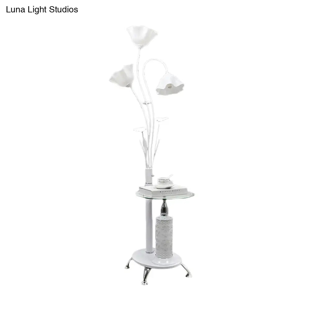 Metallic Floor Lamp: 3-Light Countryside Tree Design Black/White Guest Room Standing Up Floral Shade