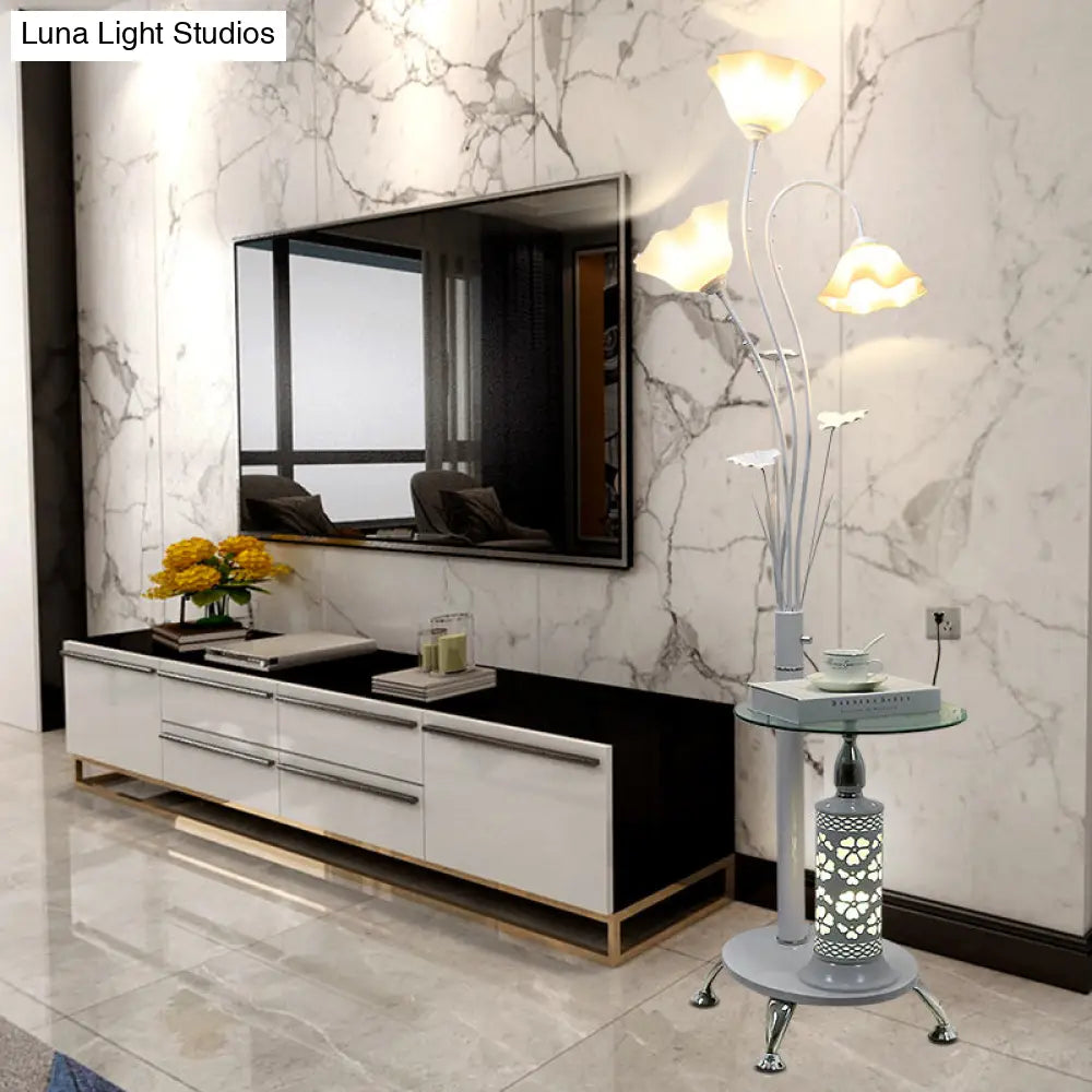 Metallic Floor Lamp: 3-Light Countryside Tree Design Black/White Guest Room Standing Up Floral Shade