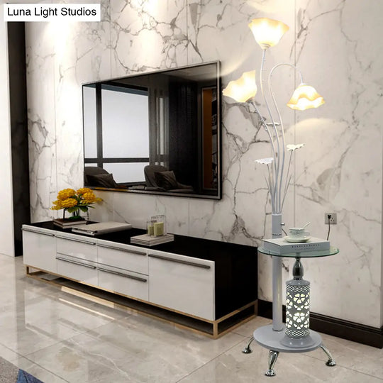 Metallic Floor Lamp: 3-Light Countryside Tree Design Black/White Guest Room Standing Up Floral Shade