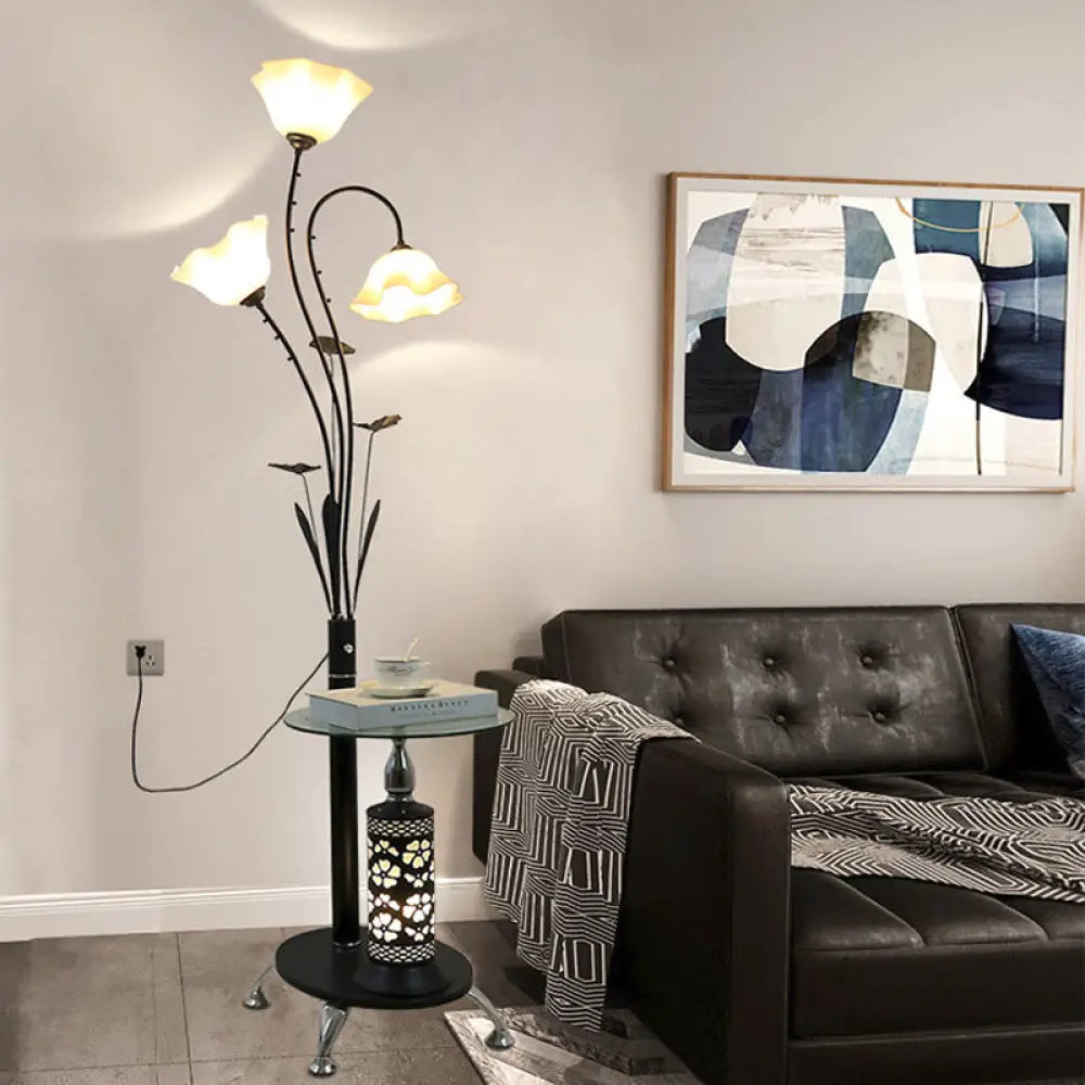 Metallic Floor Lamp: 3-Light Countryside Tree Design Black/White Guest Room Standing Up Floral Shade