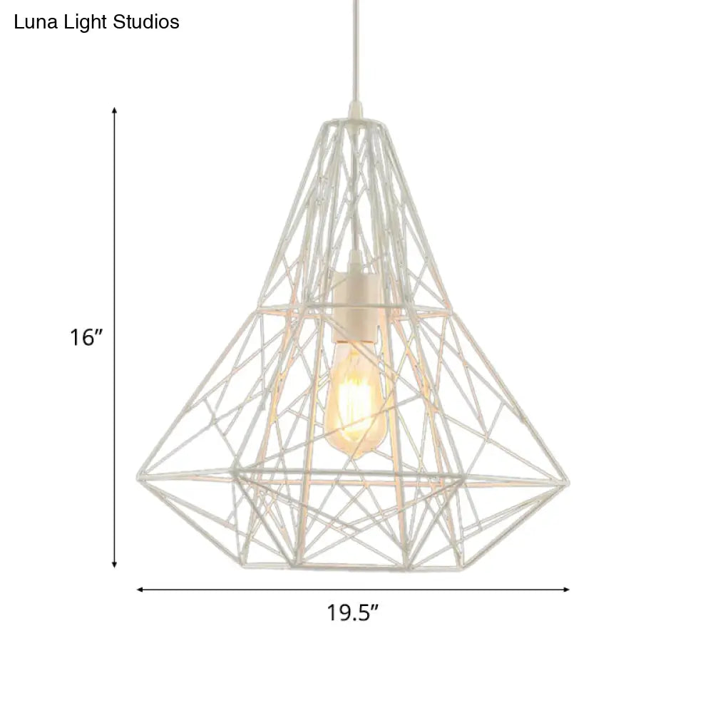 Metallic Industrial Cage Diamond Pendant Lighting - Black/White 1 Head For Dining Room 16’/19.5’ Dia