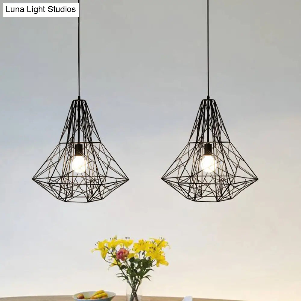 Metallic Industrial Cage Diamond Pendant Lighting - Black/White 1 Head For Dining Room 16’/19.5’ Dia