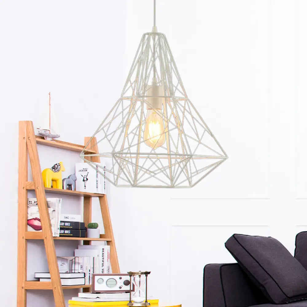 Metallic Industrial Cage Diamond Pendant Lighting - Black/White 1 Head For Dining Room