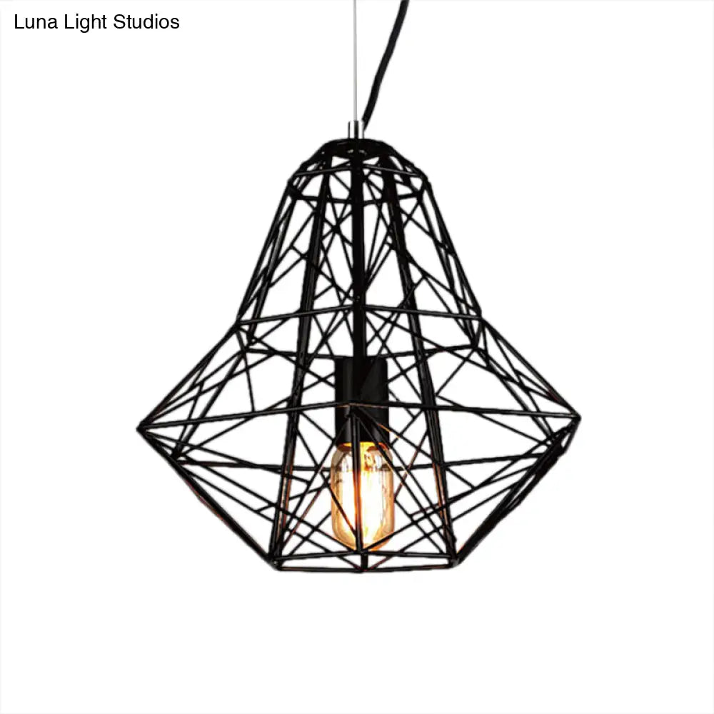 Metallic Industrial Cage Diamond Pendant Lighting - Black/White 1 Head For Dining Room 16’/19.5’ Dia