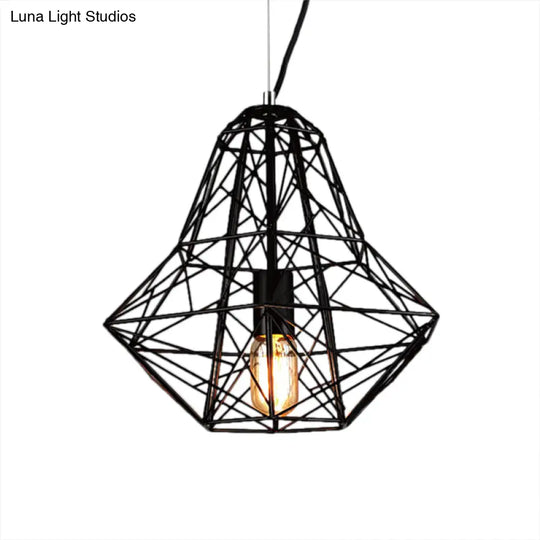 Metallic Industrial Cage Diamond Pendant Lighting - Black/White 1 Head For Dining Room 16’/19.5’ Dia