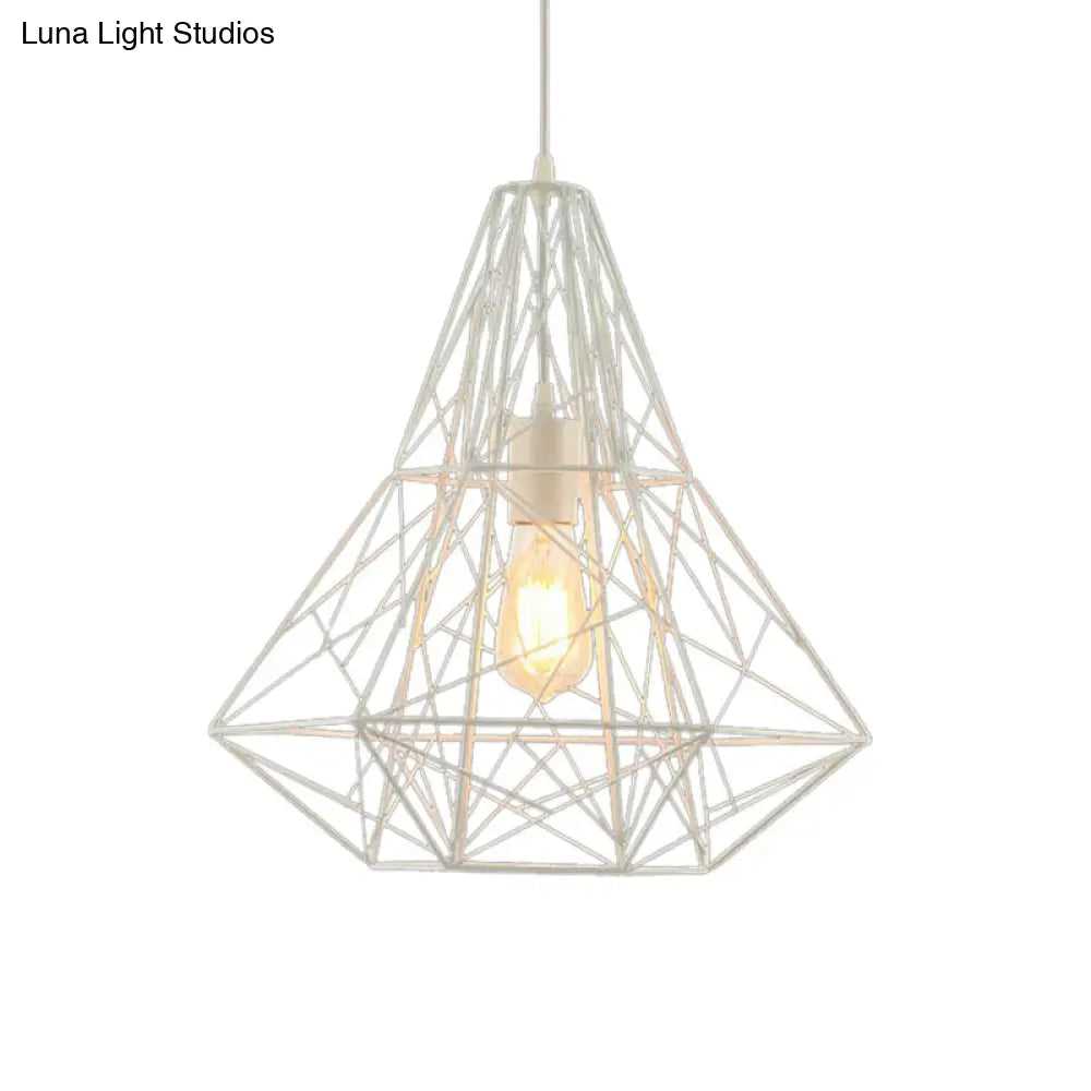 Cage Pendant Diamond Light - Industrial 1 Head Metallic Lamp In Black/White For Dining Room (16/19.5