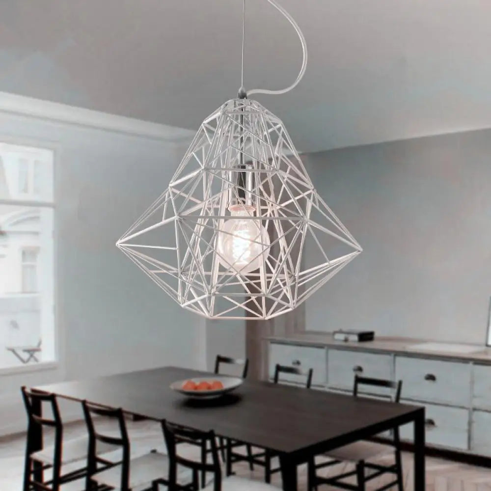 Metallic Industrial Cage Diamond Pendant Lighting - Black/White 1 Head For Dining Room