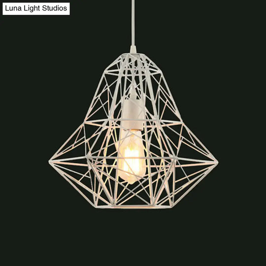 Cage Pendant Diamond Light - Industrial 1 Head Metallic Lamp In Black/White For Dining Room (16/19.5