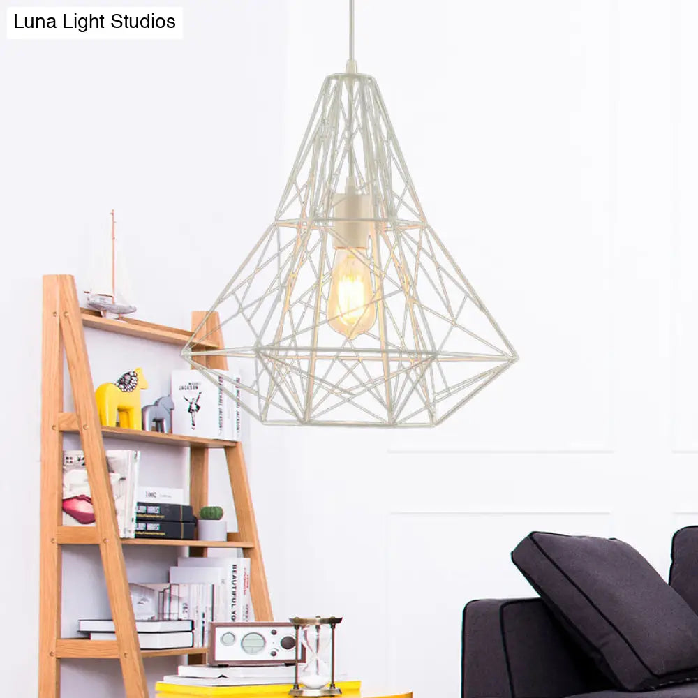 Cage Pendant Diamond Light - Industrial 1 Head Metallic Lamp In Black/White For Dining Room (16/19.5