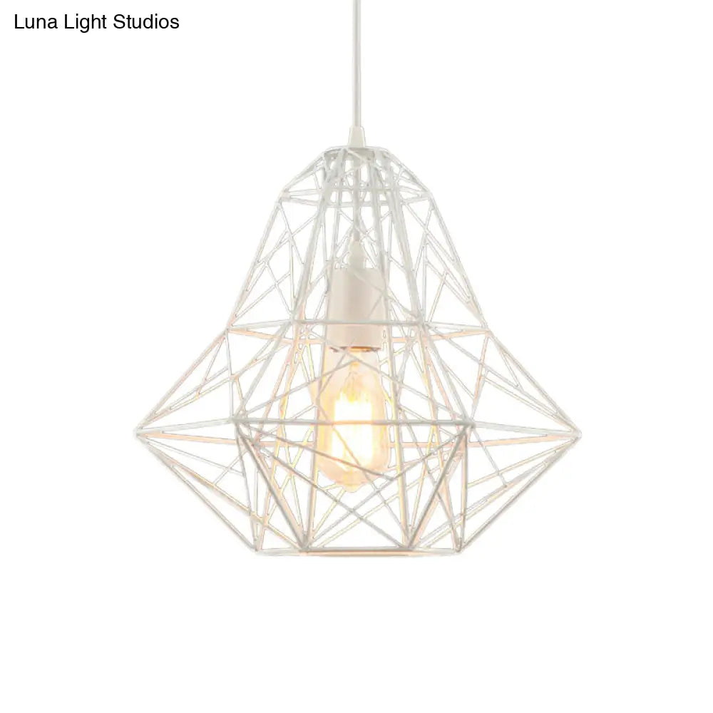 Metallic Industrial Cage Diamond Pendant Lighting - Black/White 1 Head For Dining Room 16’/19.5’ Dia