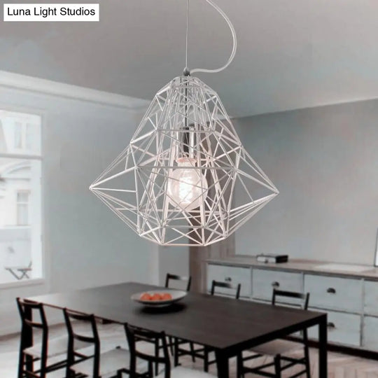 Cage Pendant Diamond Light - Industrial 1 Head Metallic Lamp In Black/White For Dining Room (16/19.5