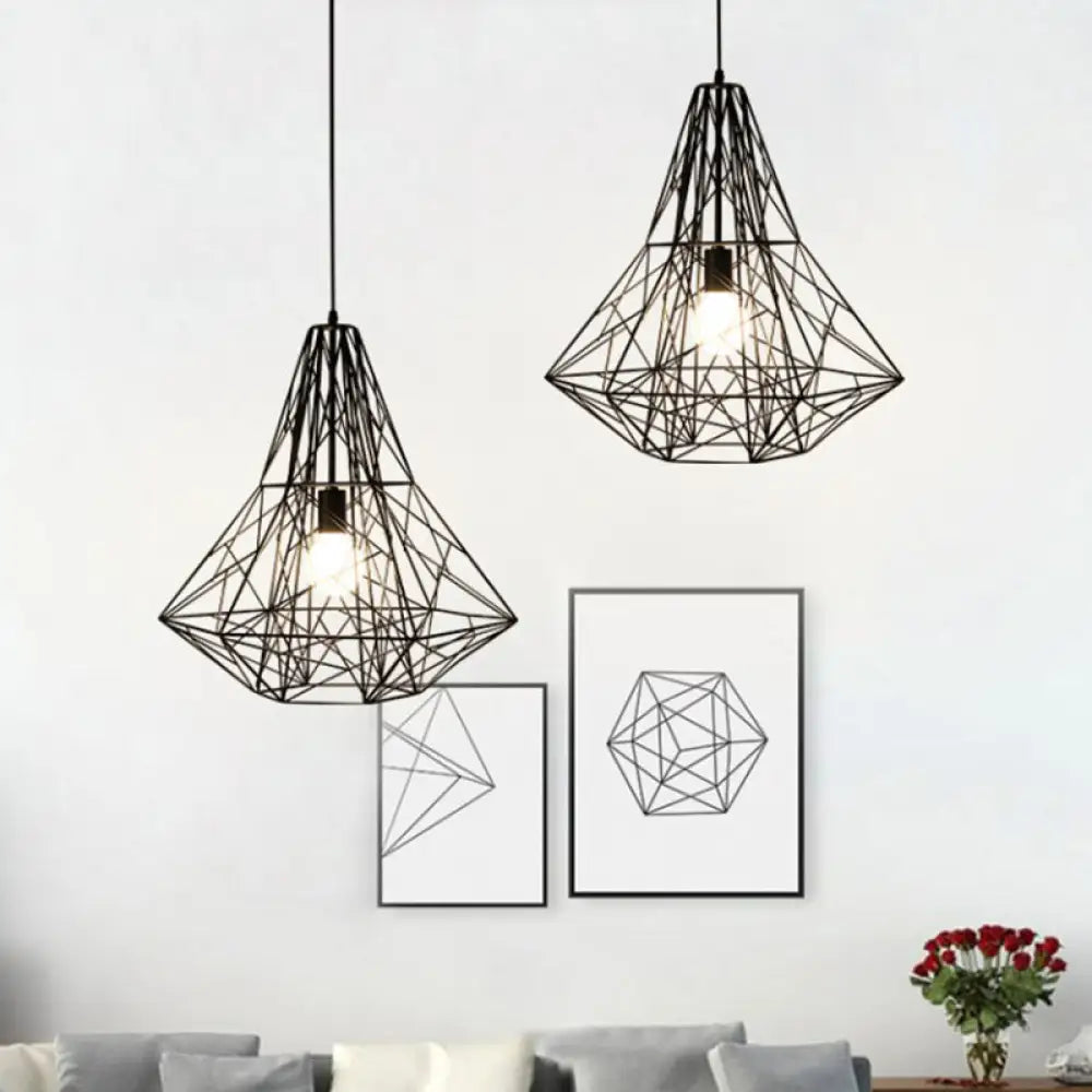 Metallic Industrial Cage Diamond Pendant Lighting - Black/White 1 Head For Dining Room
