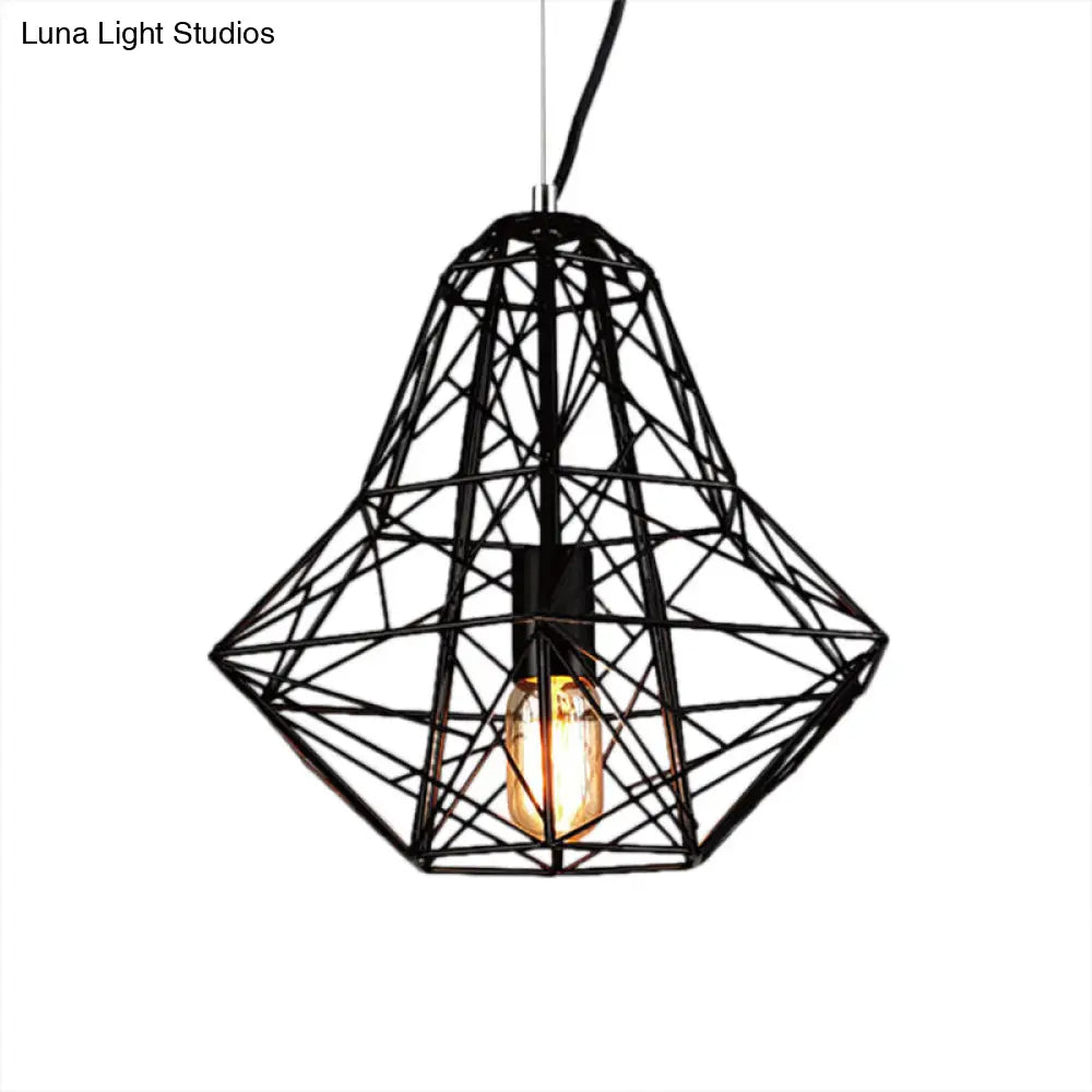 Cage Pendant Diamond Light - Industrial 1 Head Metallic Lamp In Black/White For Dining Room (16/19.5