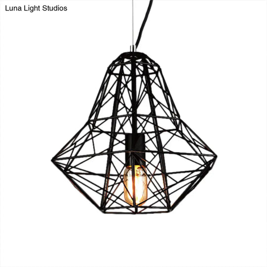 Cage Pendant Diamond Light - Industrial 1 Head Metallic Lamp In Black/White For Dining Room (16/19.5