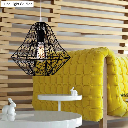 Cage Pendant Diamond Light - Industrial 1 Head Metallic Lamp In Black/White For Dining Room (16/19.5