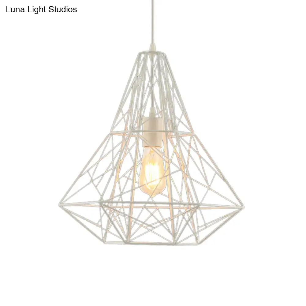 Metallic Industrial Cage Diamond Pendant Lighting - Black/White 1 Head For Dining Room 16’/19.5’ Dia