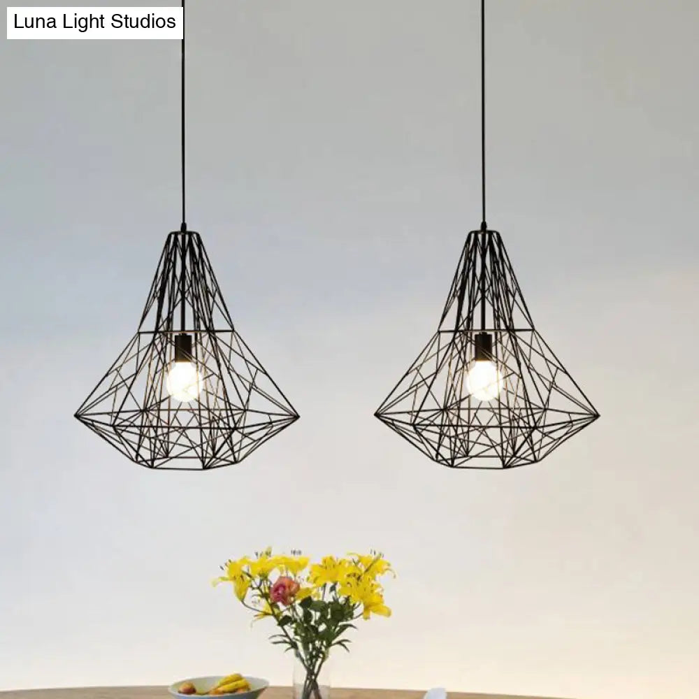 Cage Pendant Diamond Light - Industrial 1 Head Metallic Lamp In Black/White For Dining Room (16/19.5