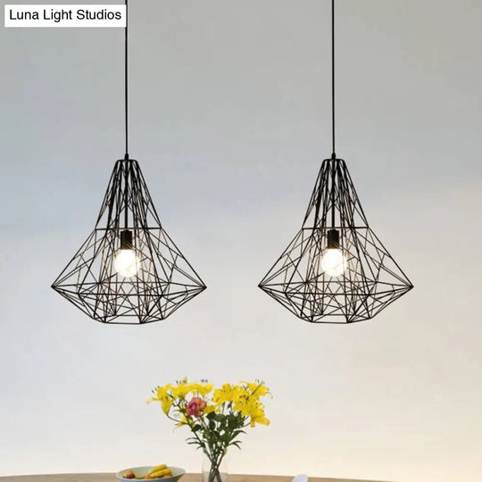 Cage Pendant Diamond Light - Industrial 1 Head Metallic Lamp In Black/White For Dining Room (16/19.5