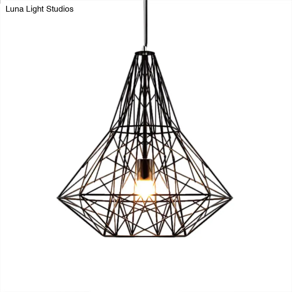 Metallic Industrial Cage Diamond Pendant Lighting - Black/White 1 Head For Dining Room 16’/19.5’ Dia