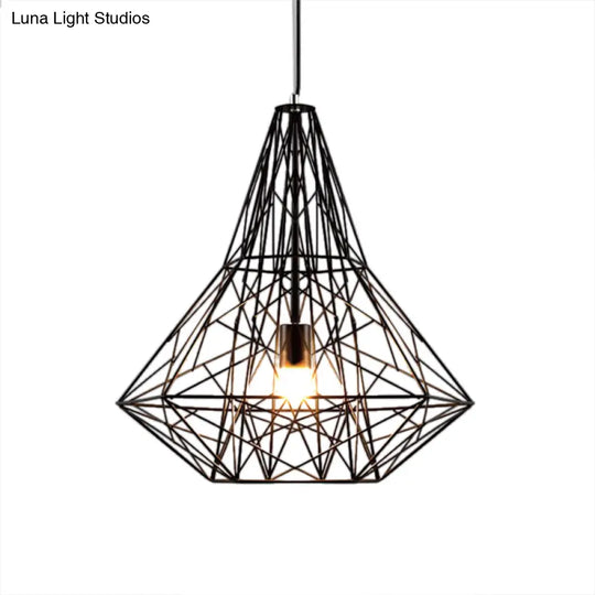 Metallic Industrial Cage Diamond Pendant Lighting - Black/White 1 Head For Dining Room 16’/19.5’ Dia