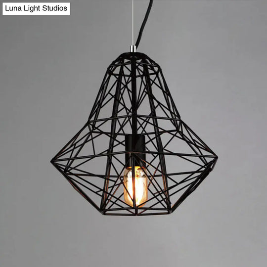 Cage Pendant Diamond Light - Industrial 1 Head Metallic Lamp In Black/White For Dining Room (16/19.5