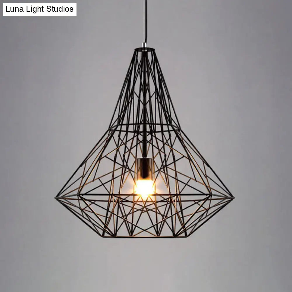 Cage Pendant Diamond Light - Industrial 1 Head Metallic Lamp In Black/White For Dining Room (16/19.5