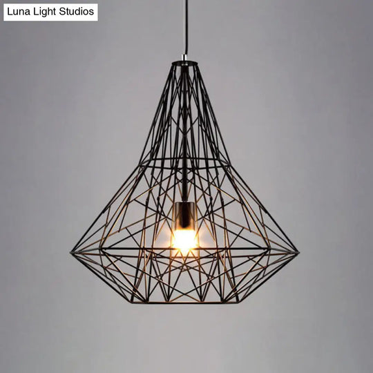 Cage Pendant Diamond Light - Industrial 1 Head Metallic Lamp In Black/White For Dining Room (16/19.5